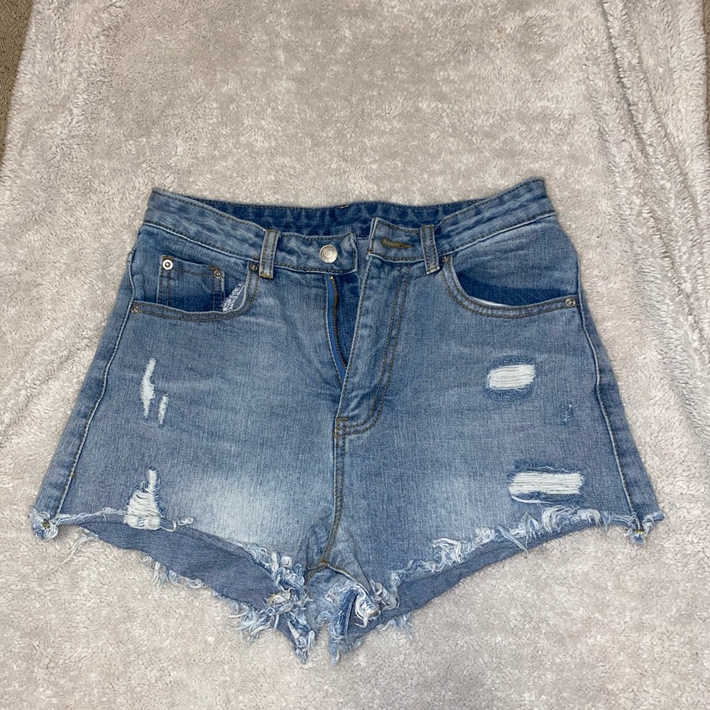 Distressed denim jean shorts
